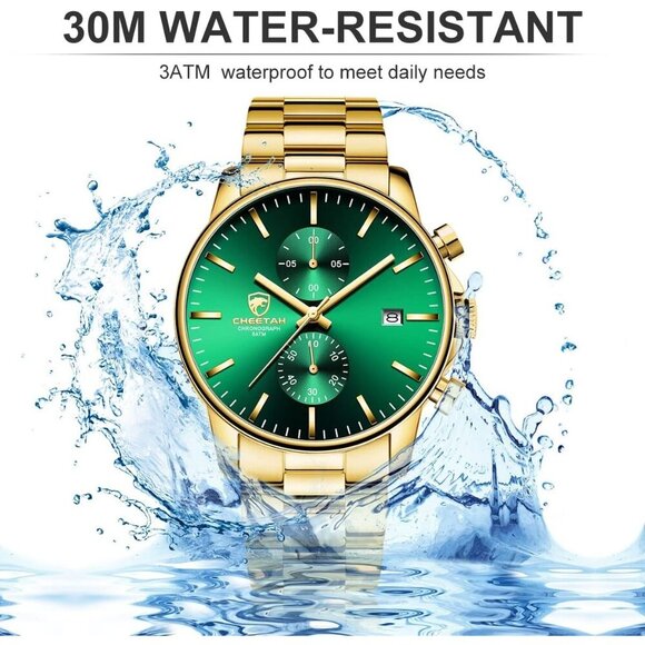 GOLDEN HOUR Men's Gold Green Stainless Steel Chronograph Quartz Watch Waterproof - Picture 4 of 7
